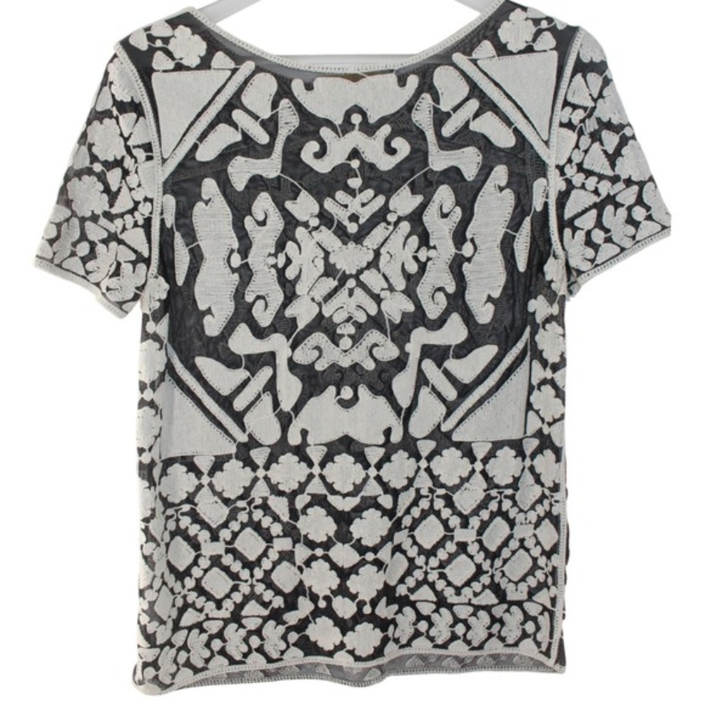 Everleigh Blouse Embroidered Mesh Short Sleeve Small Black White C3217